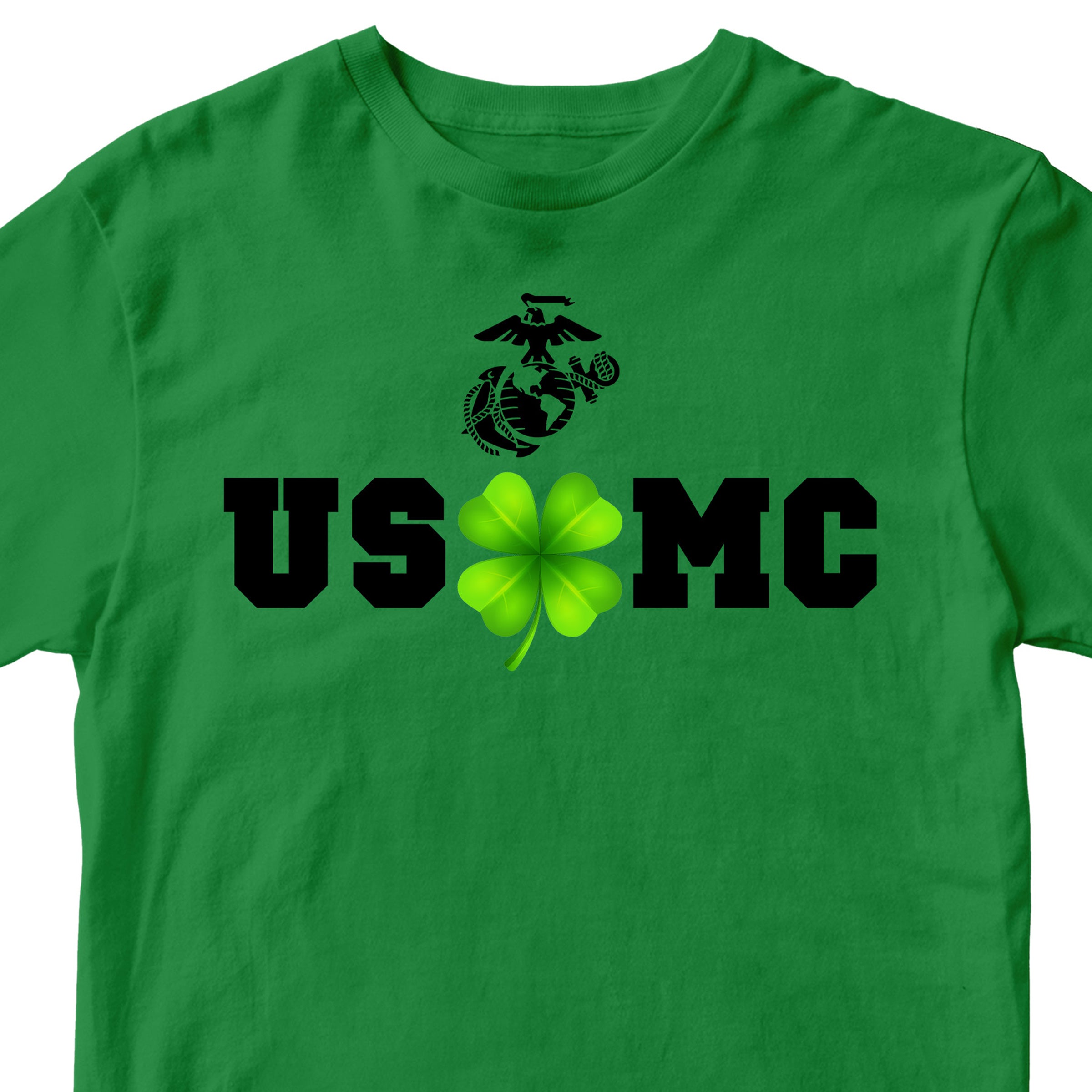 Green USMC St. Patrick’s Day T-shirt with shamrock graphic and Eagle Globe and Anchor.