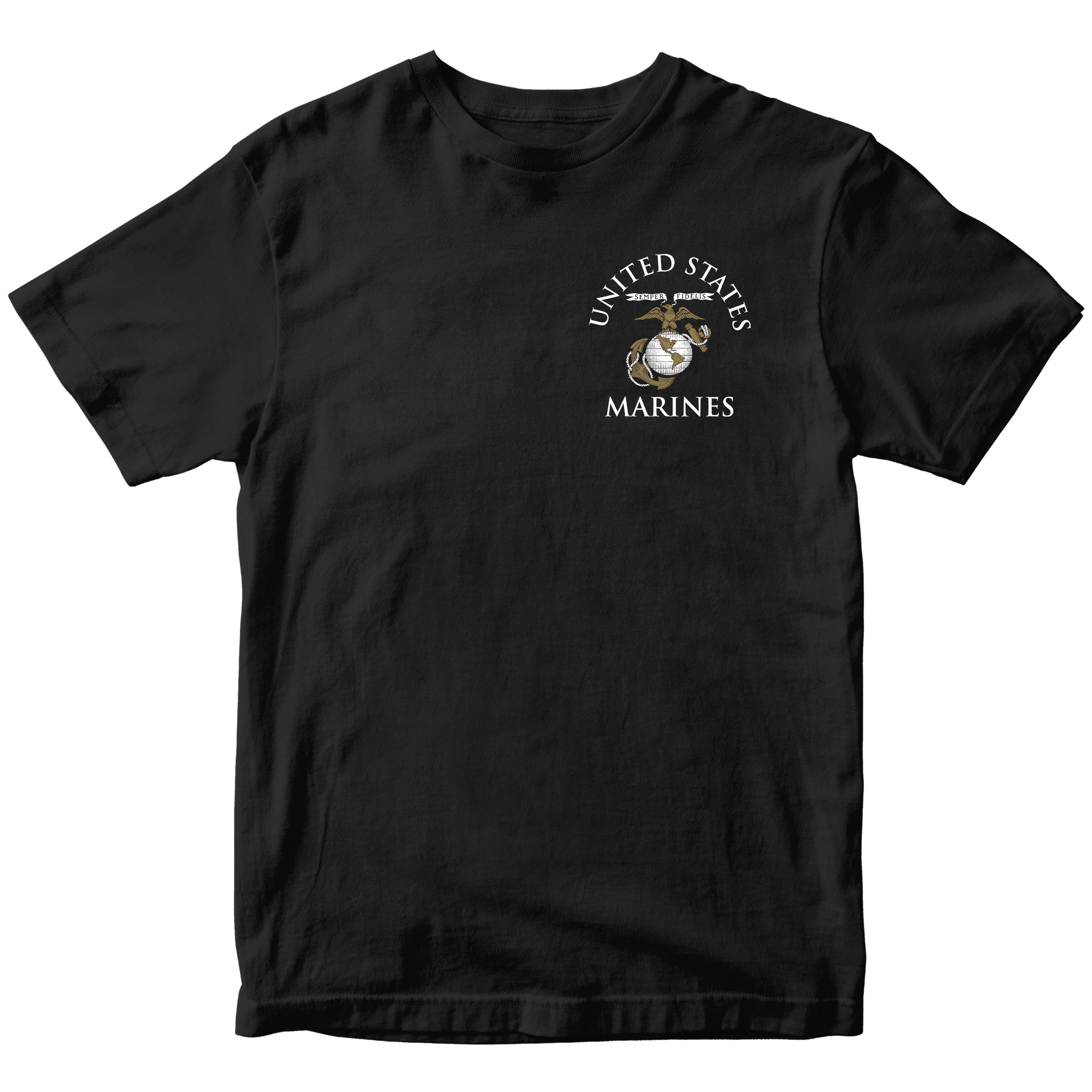 Black Marine Corps tee featuring United States Marines text and EGA emblem chest seal