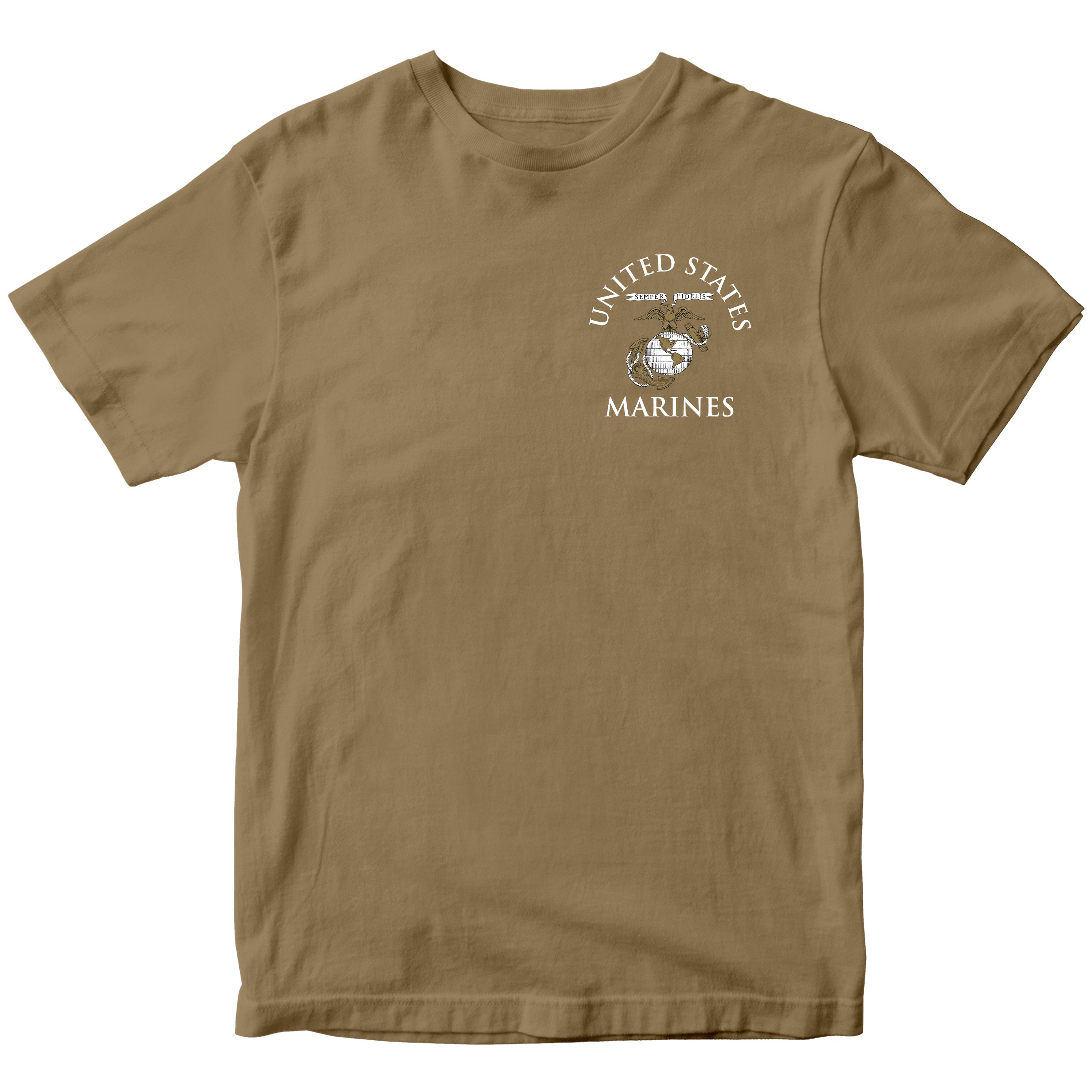 Brown Marine Corps tee featuring United States Marines text and EGA emblem chest seal