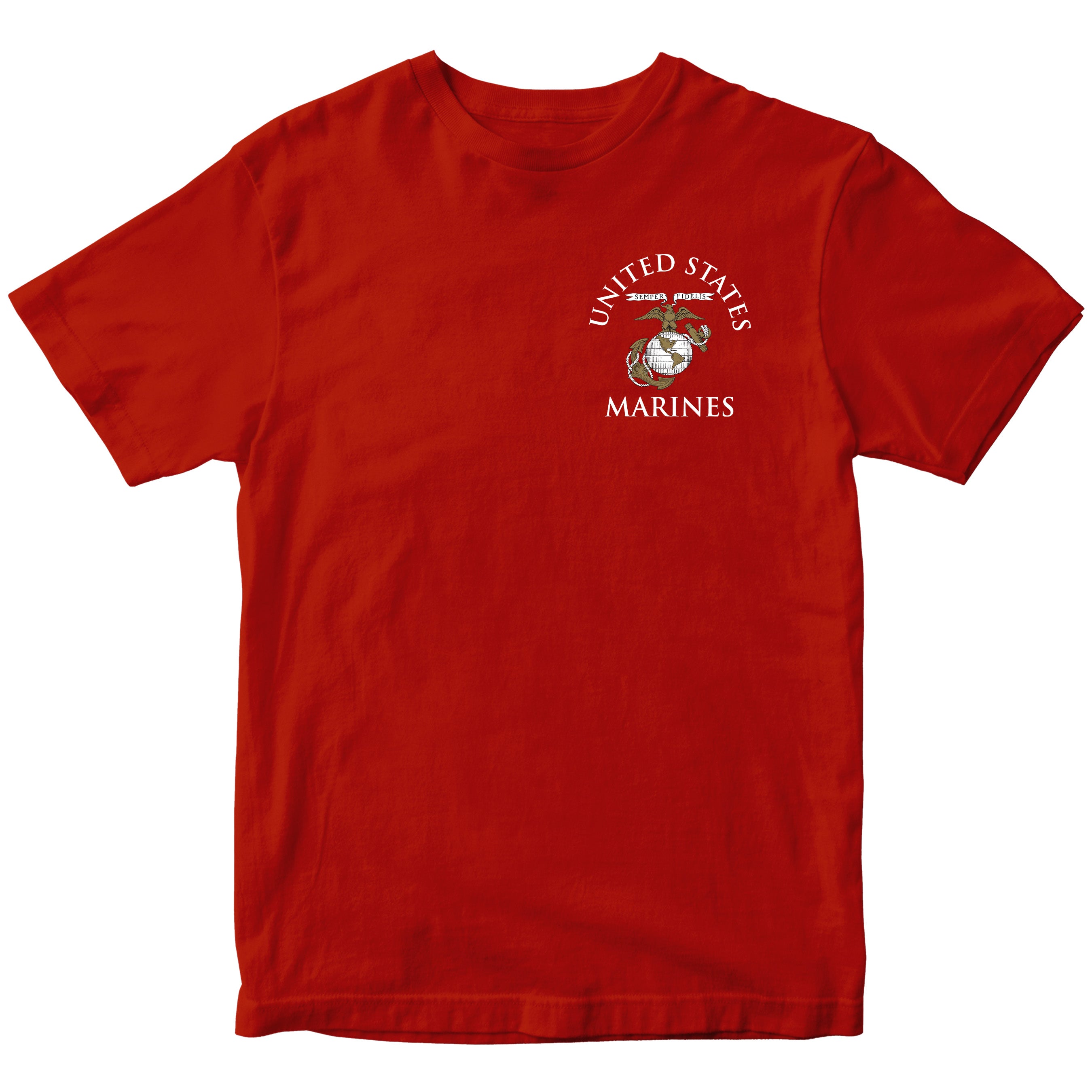 Red Marine Corps tee featuring United States Marines text and EGA emblem chest seal