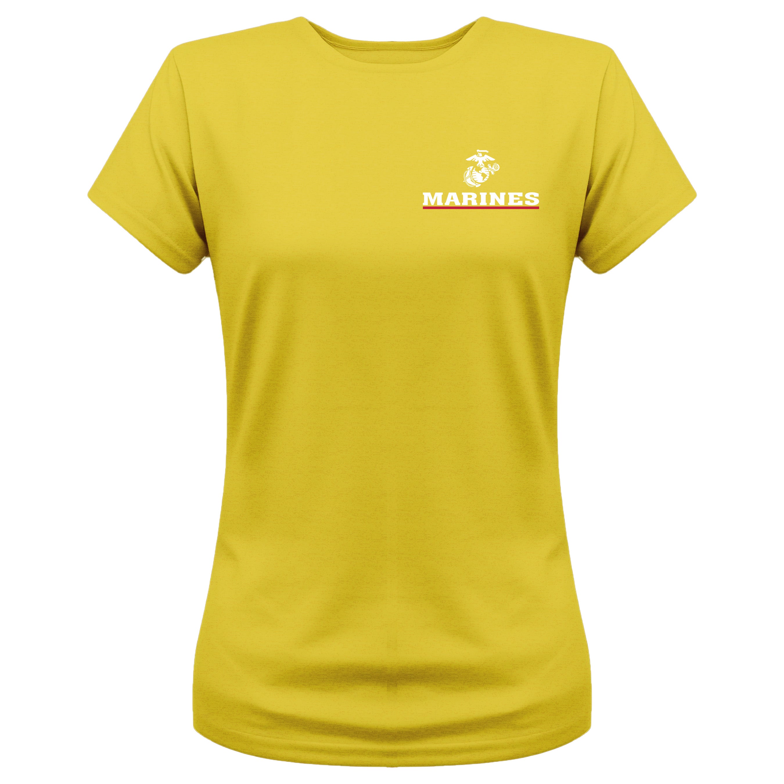 Women’s gold USMC t-shirt with EGA chest seal emblem above bold white 'MARINES' text and a red underline, minimalist Marine Corps design.
