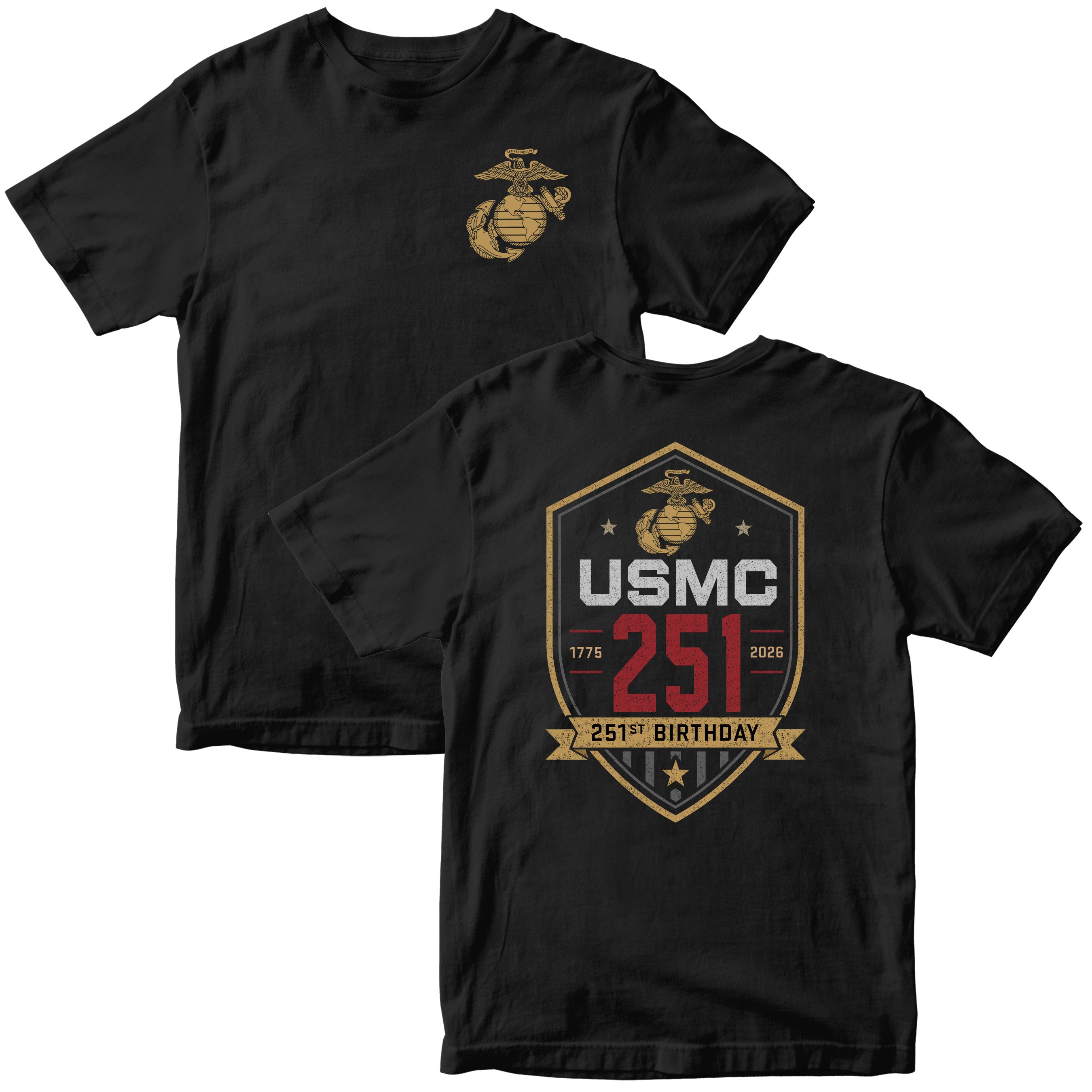 Black USMC 251st Birthday T-shirt 1775–2026 with shield back graphic and Eagle Globe and Anchor chest design