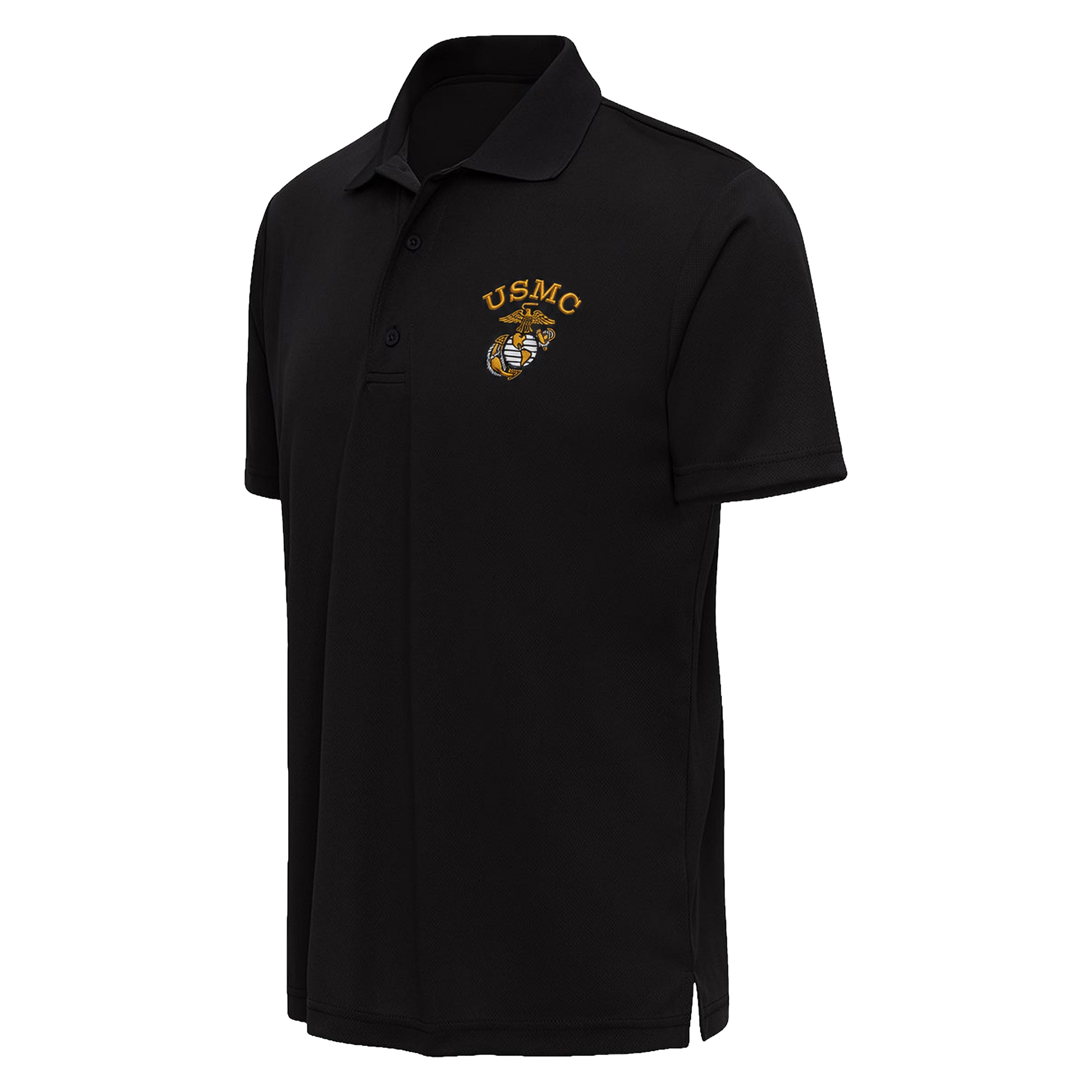 Black USMC performance polo with gold embroidered USMC lettering and Eagle, Globe & Anchor on the left chest.
