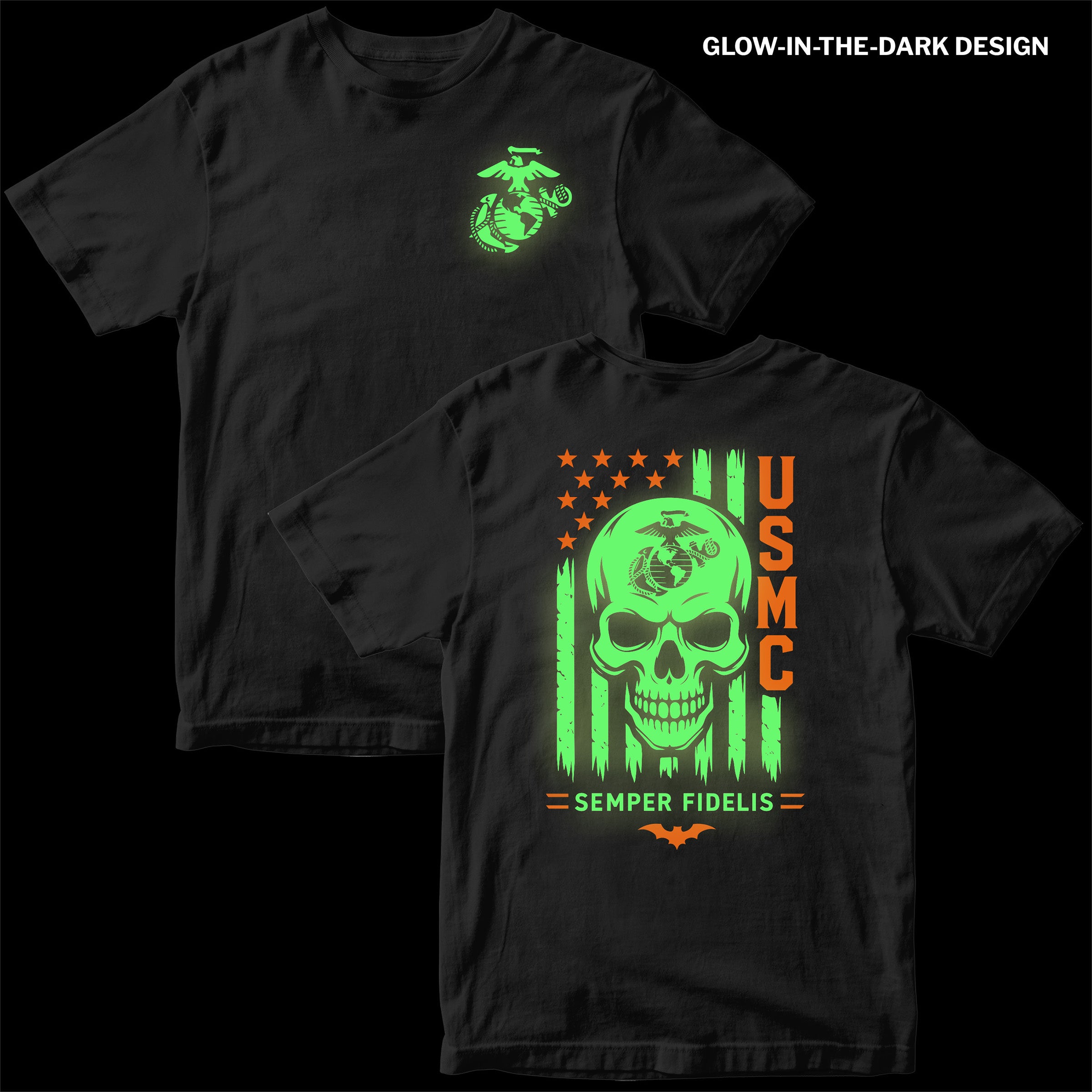 Black USMC Halloween T-shirt with glow-in-the-dark EGA and skull design, orange USMC lettering, and Semper Fidelis graphic