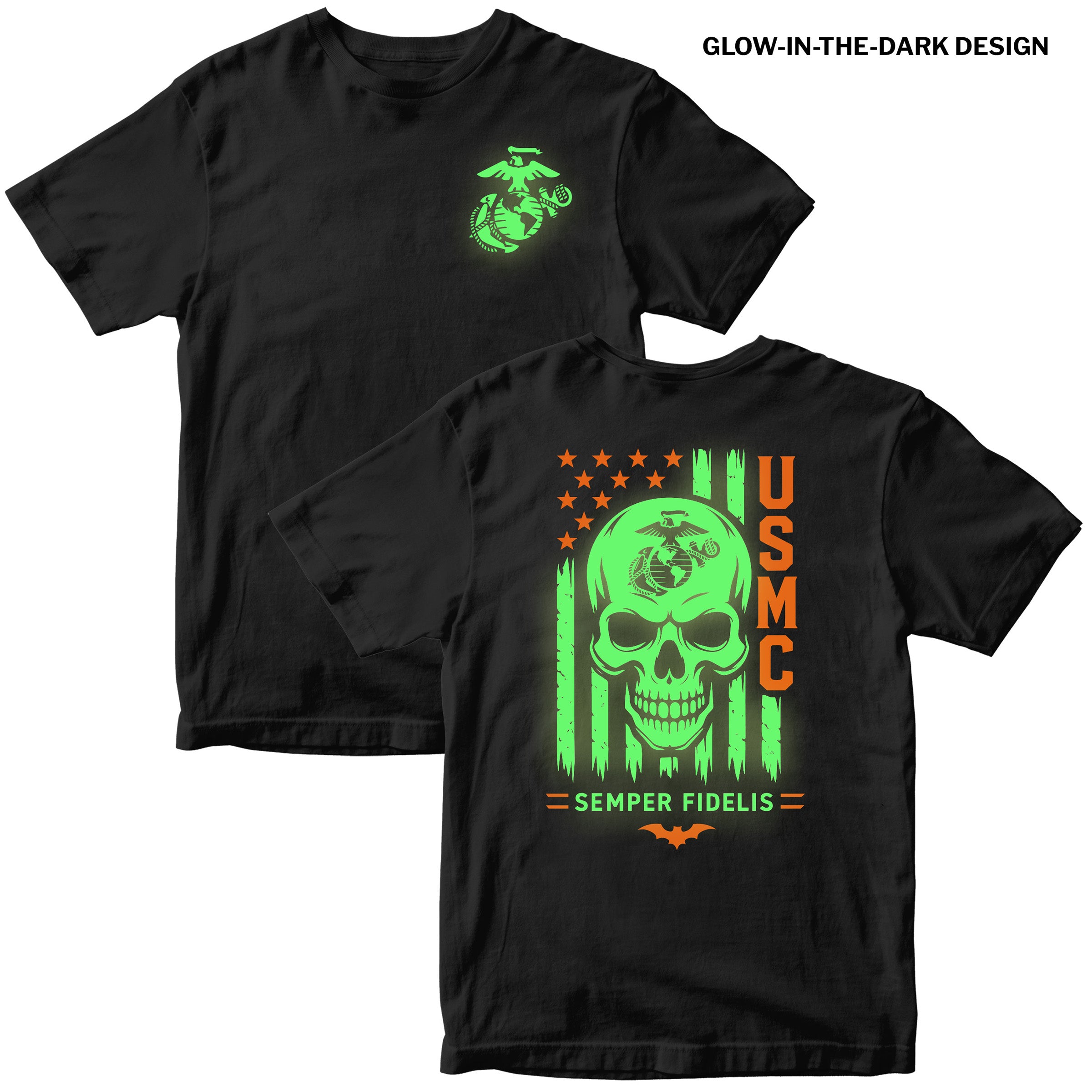 Black USMC Halloween T-shirt with glow-in-the-dark EGA and skull design, orange USMC lettering, and Semper Fidelis graphic