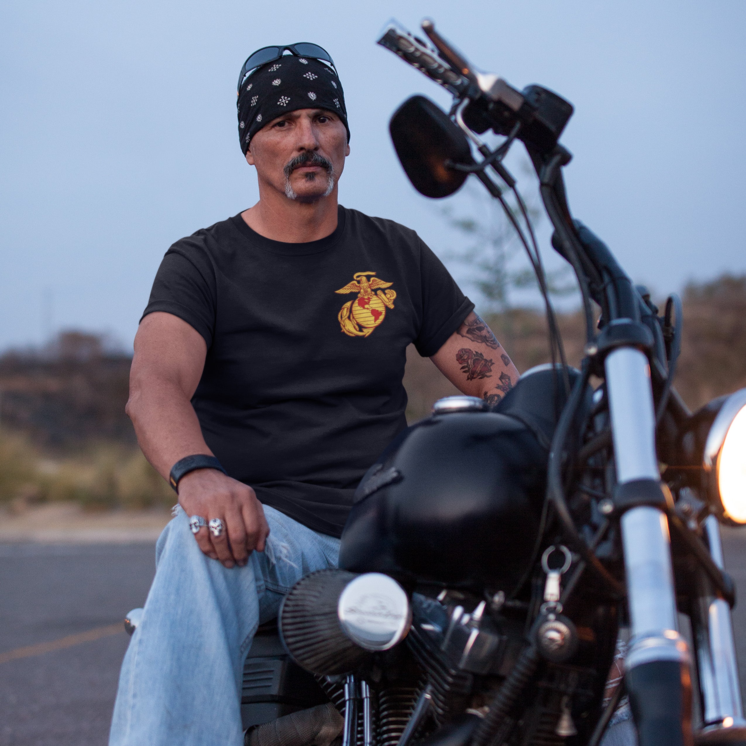 Black USMC T-shirt with large motorcycle club–style back graphic reading ‘Marine Brotherhood,’ ‘1775,’ and ‘USMC. Marines Motorcycle Tee