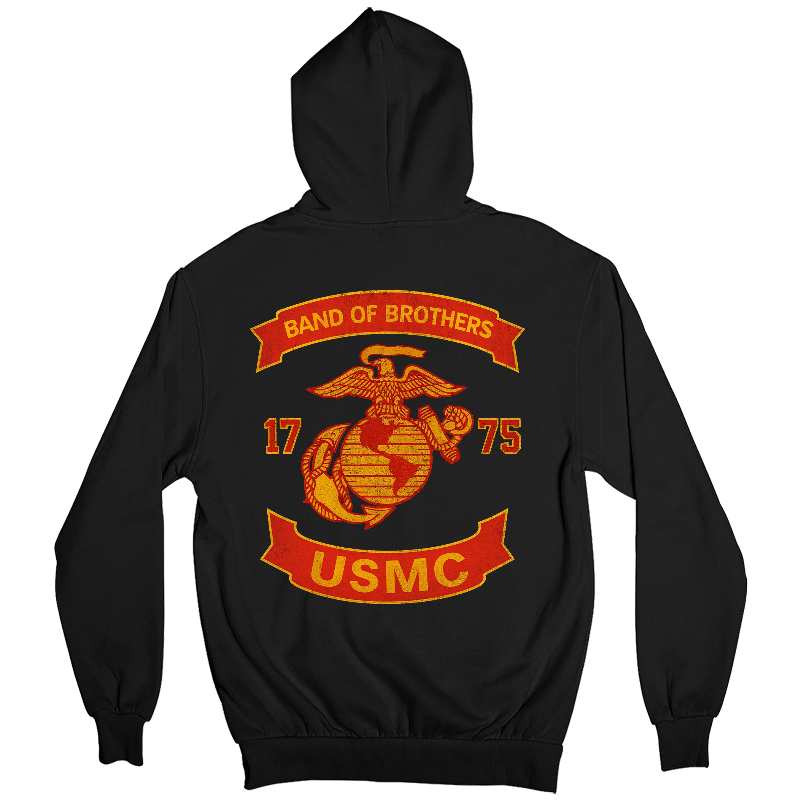 Black USMC Hoodie with large motorcycle club–style back graphic reading ‘Band of Brothers,’ ‘1775,’ and ‘USMC. Marines Motorcycle Hoodie