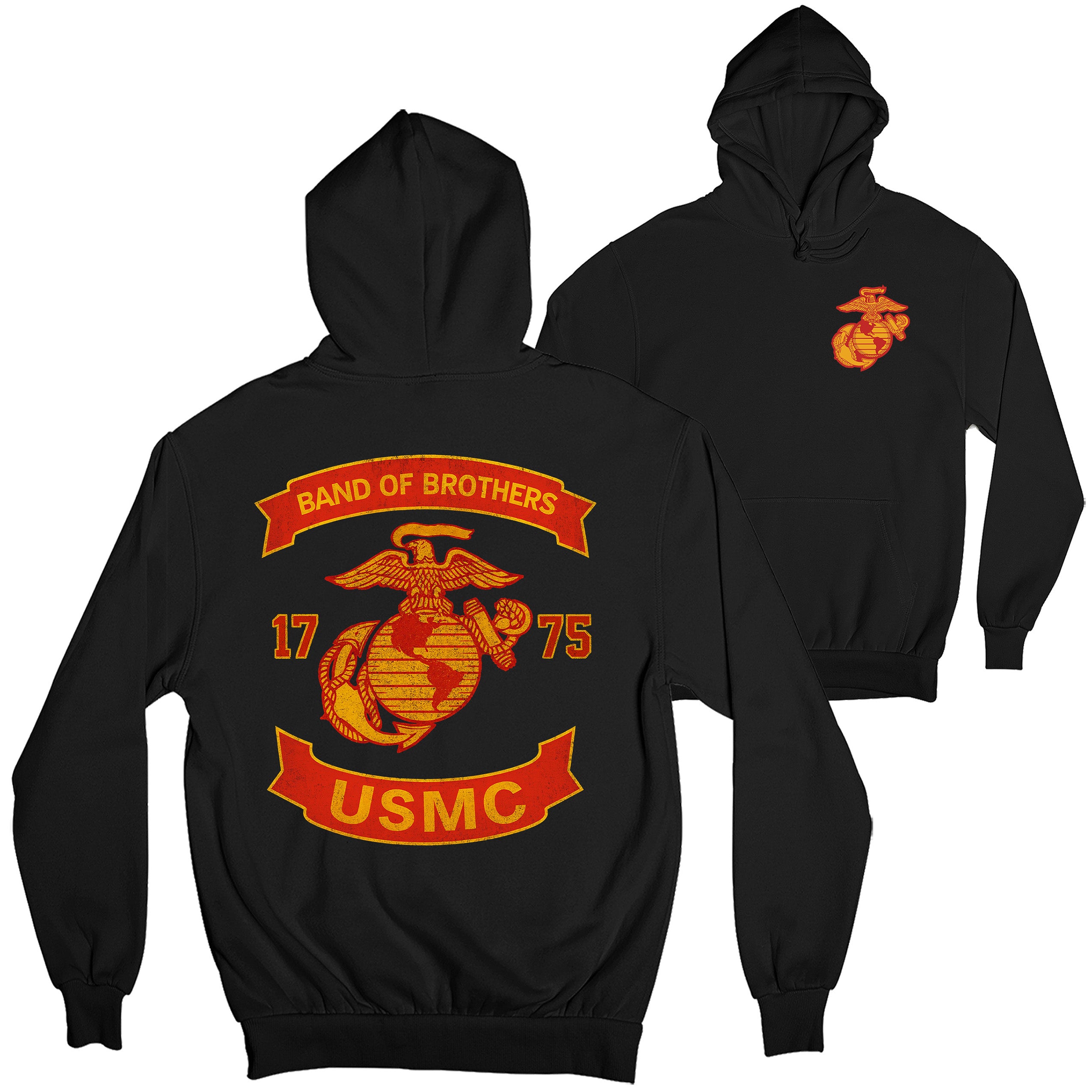 Black USMC Hoodie with chest EGA and large motorcycle club–style back graphic reading ‘Band of Brothers,’ ‘1775,’ and ‘USMC. Marines Motorcycle Hoodie