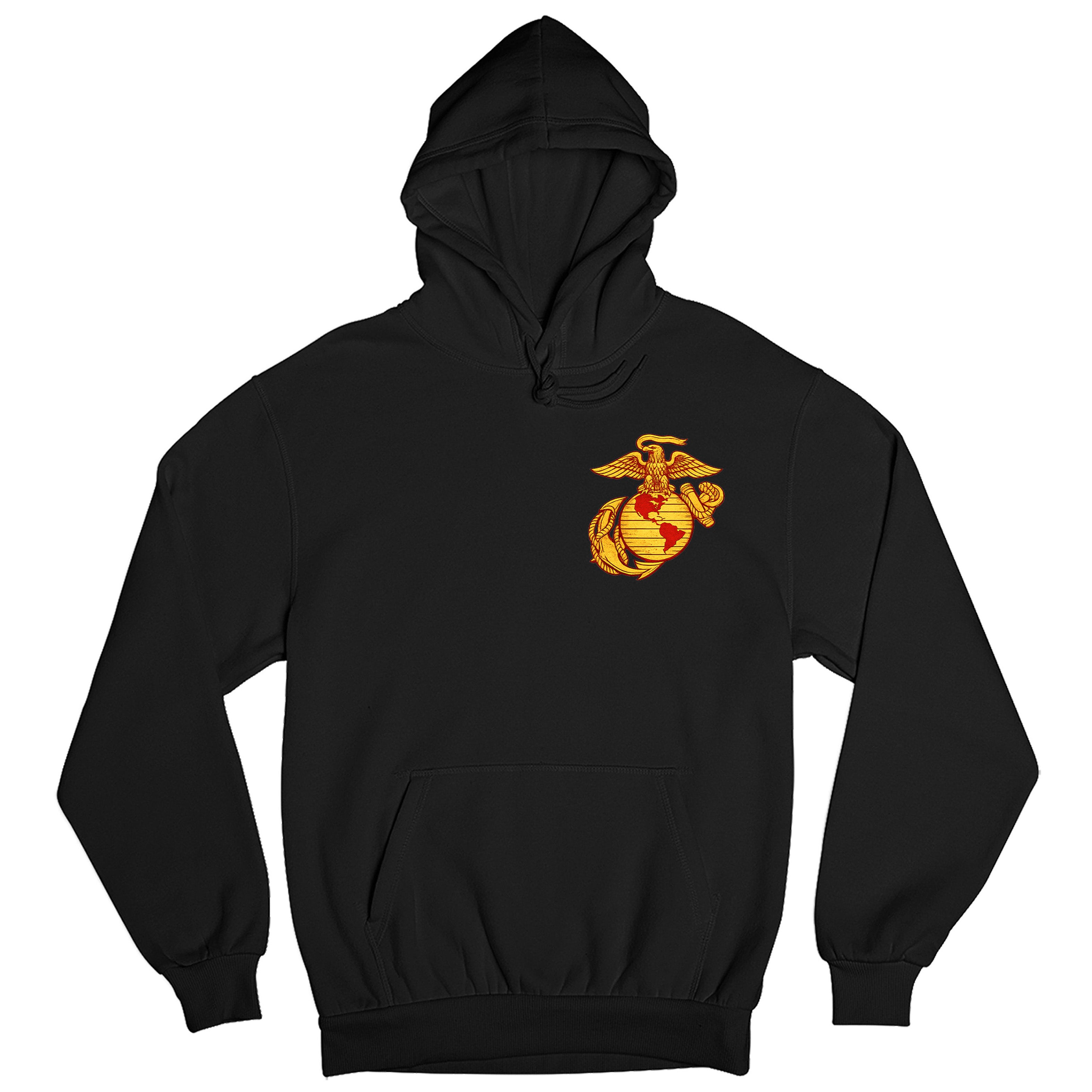 Black USMC hoodie with large motorcycle club–style back graphic reading ‘Marine Brotherhood,’ ‘1775,’ and ‘USMC. Marines Motorcycle hoodie.