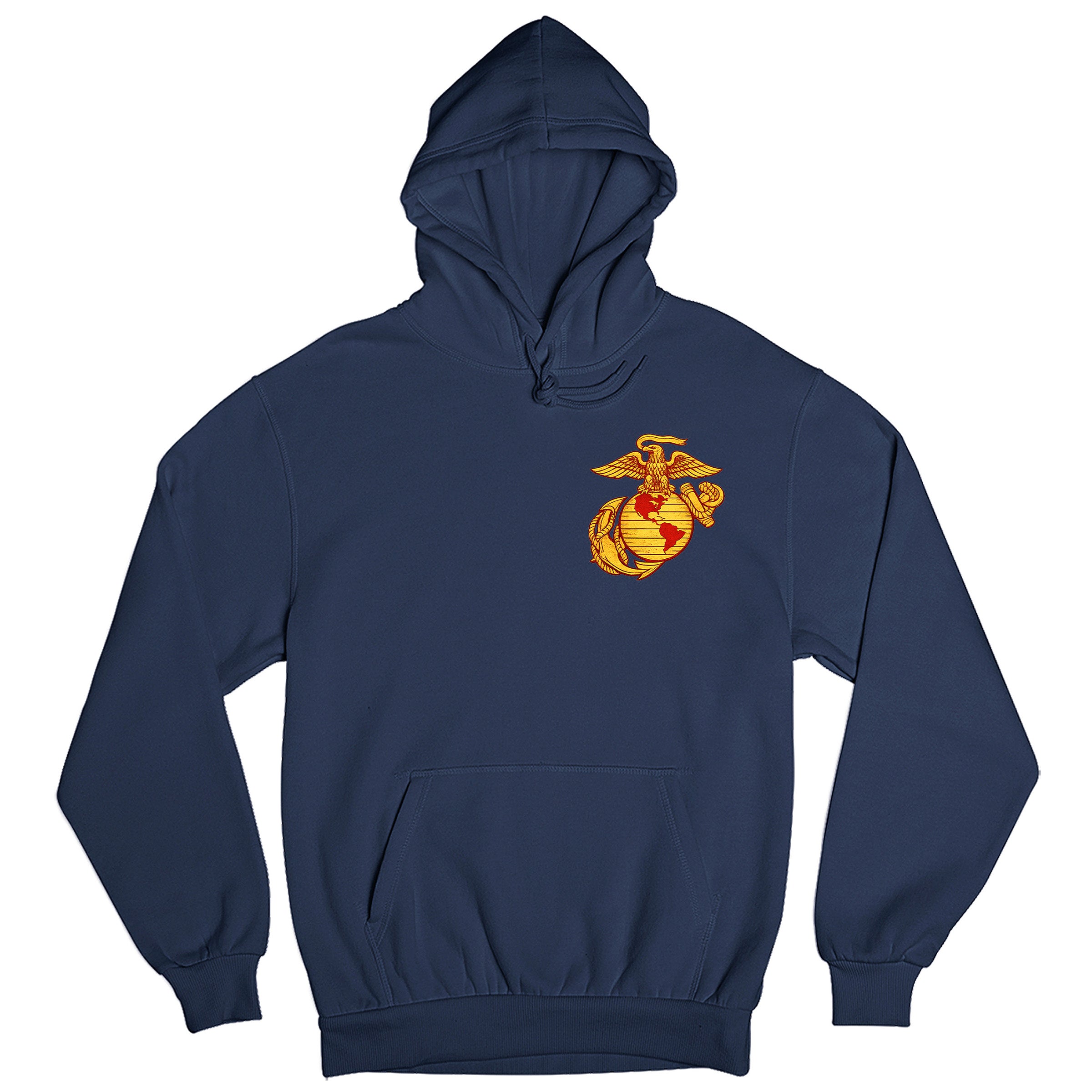 Navy Blue USMC hoodie with large motorcycle club–style back graphic reading ‘Marine Brotherhood,’ ‘1775,’ and ‘USMC. Marines Motorcycle hoodie.