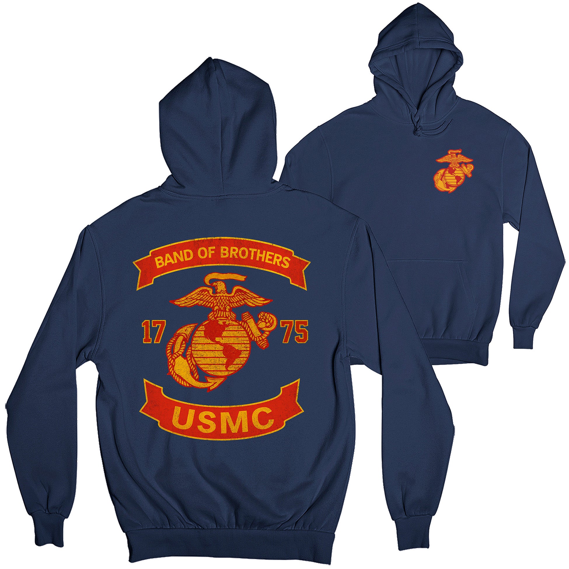 Navy Blue USMC Hoodie with chest EGA and large motorcycle club–style back graphic reading ‘Band of Brothers,’ ‘1775,’ and ‘USMC. Marines Motorcycle Hoodie
