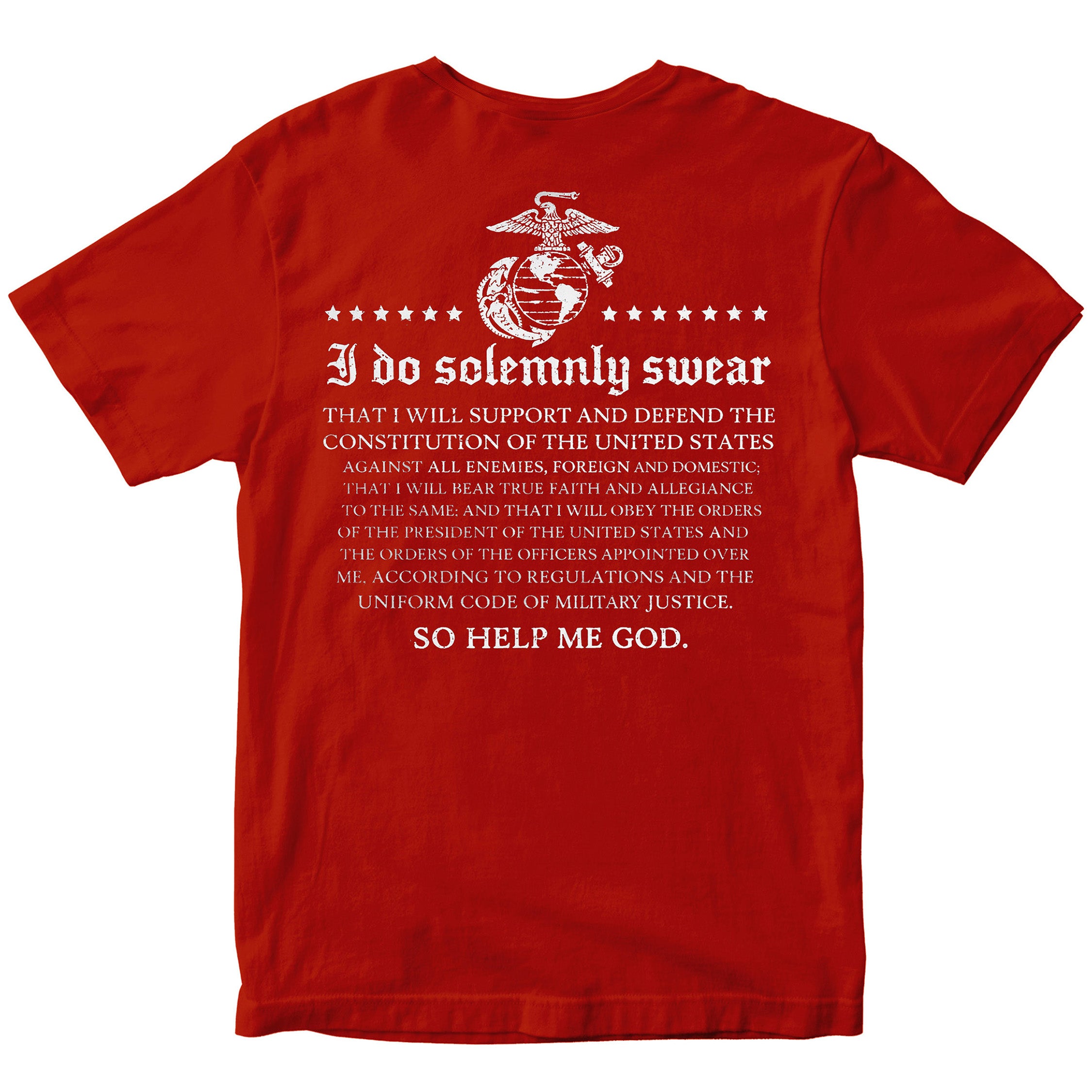Red USMC Oath of Enlistment T-shirt with full oath text.