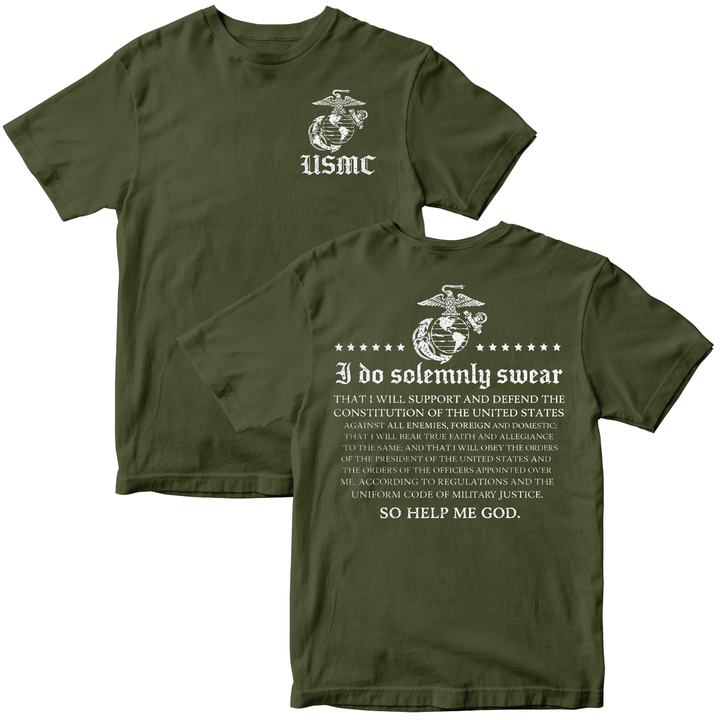 USMC Oath of Enlistment T-shirt with Eagle Globe and Anchor and full oath text.