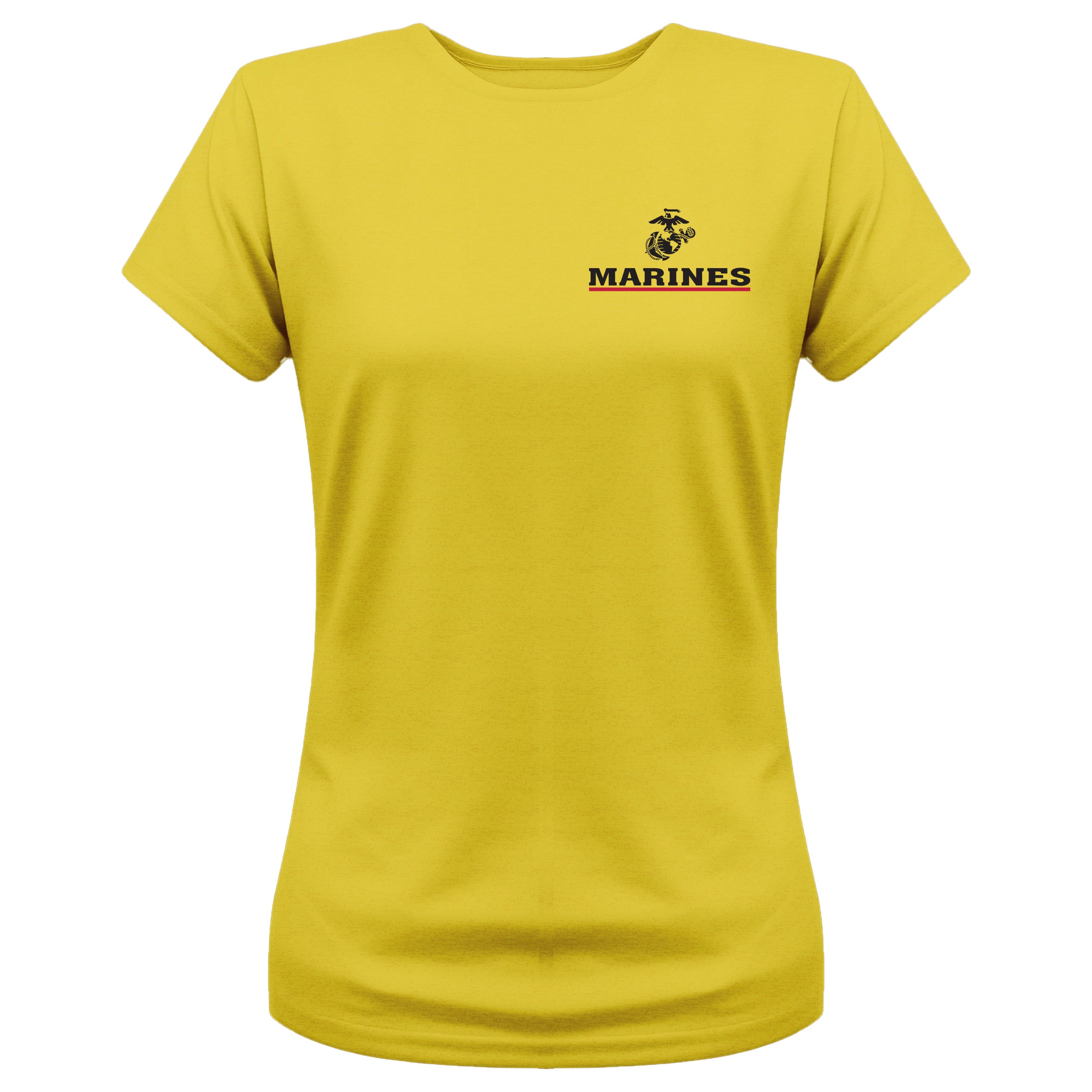 Women’s gold USMC t-shirt with EGA chest seal emblem above bold white 'MARINES' text and a red underline, minimalist Marine Corps design.