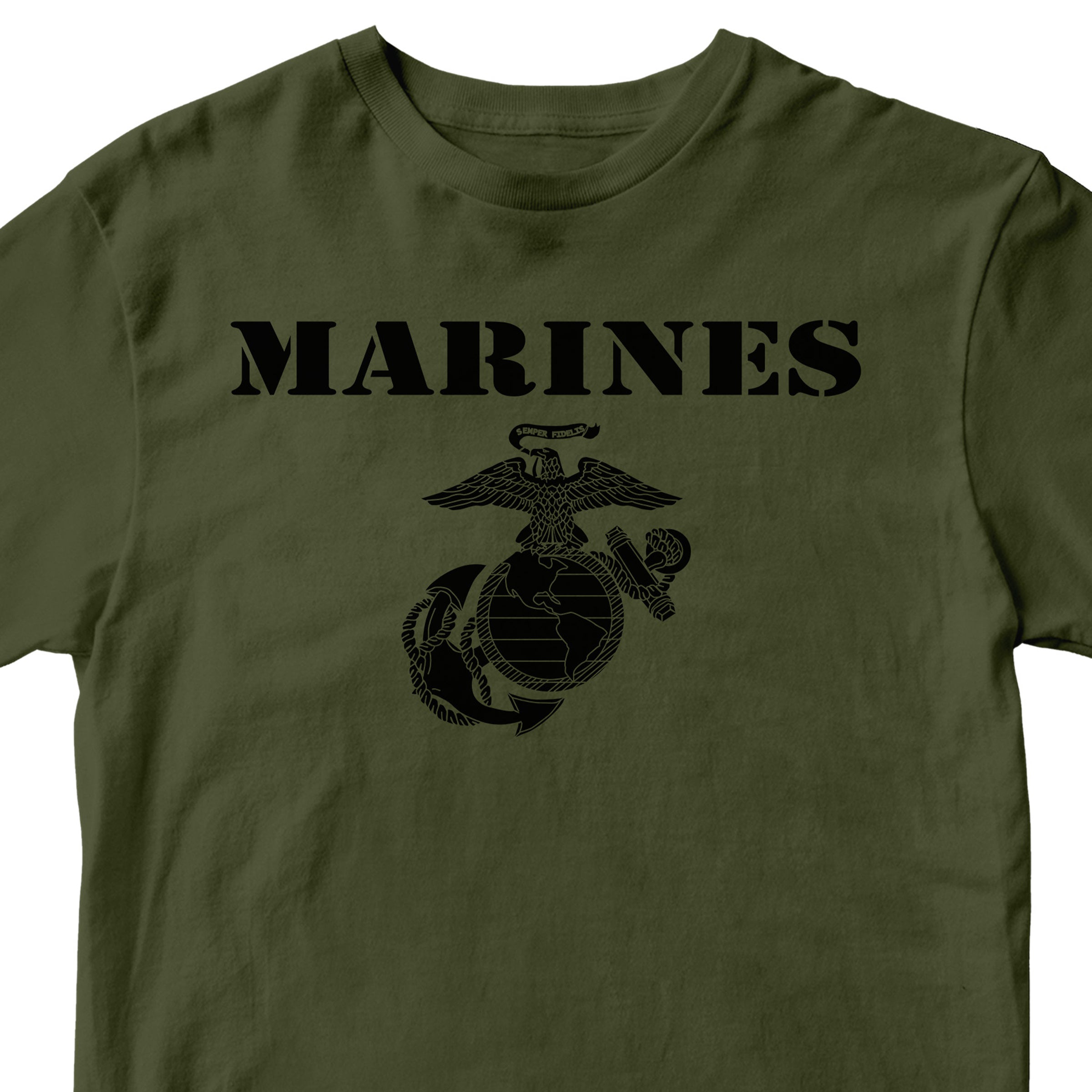 Vintage Marines EGA T-shirt with classic USMC Eagle Globe and Anchor. USMC miliary green Tee