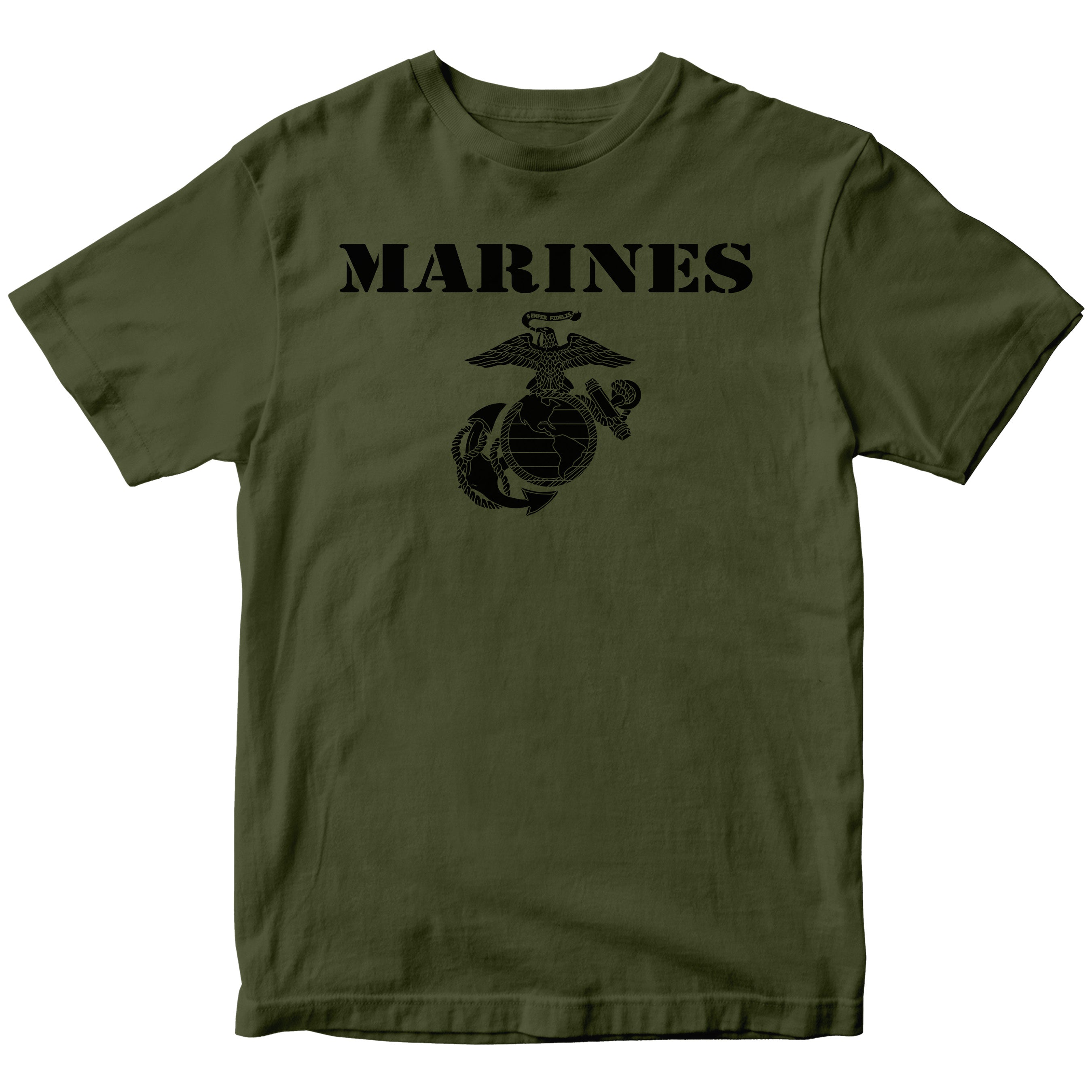 Vintage Marines EGA T-shirt with classic USMC Eagle Globe and Anchor. USMC miliary green Tee