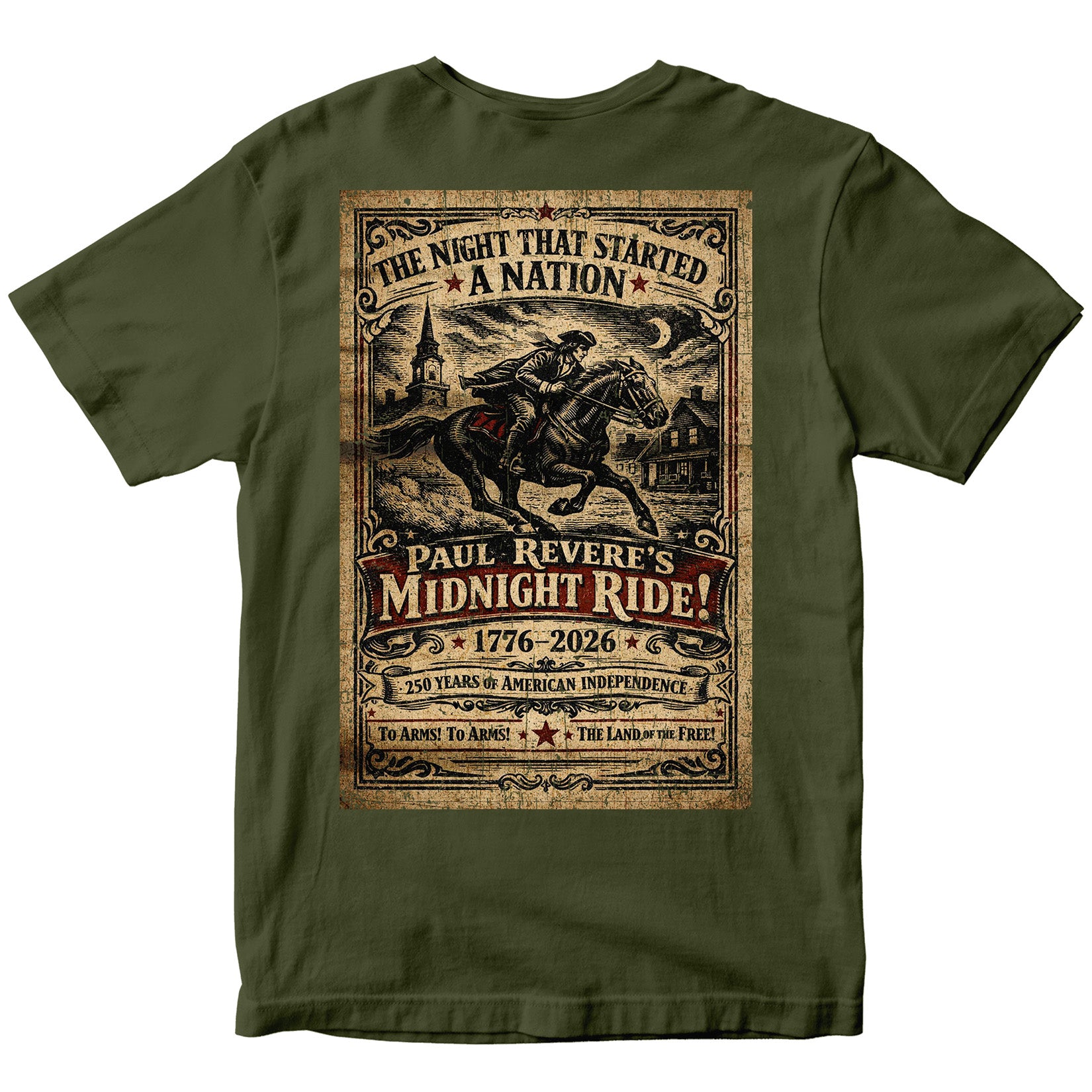 American independence T-shirt featuring Paul Revere’s Midnight Ride. America's 250th Birthday Tee. USA 250th Anniversary T-Shirt