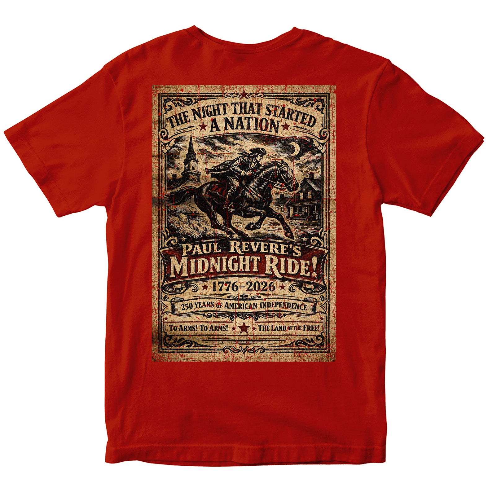 American independence T-shirt featuring Paul Revere’s Midnight Ride. America's 250th Birthday Tee. Red USA 250th Anniversary T-Shirt