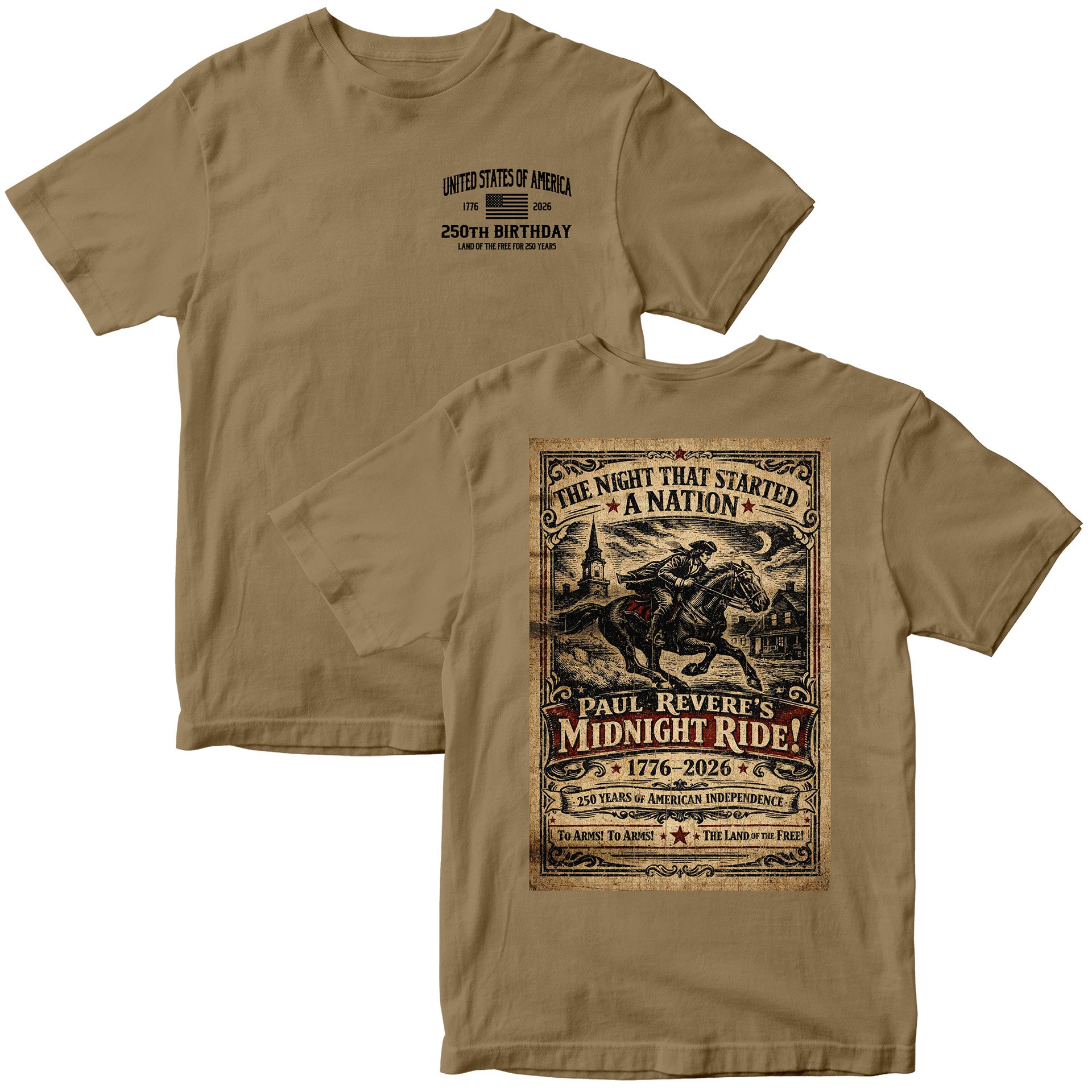 American independence T-shirt featuring Paul Revere’s Midnight Ride. America's 250th Birthday Tee. USA 250th Anniversary T-Shirt