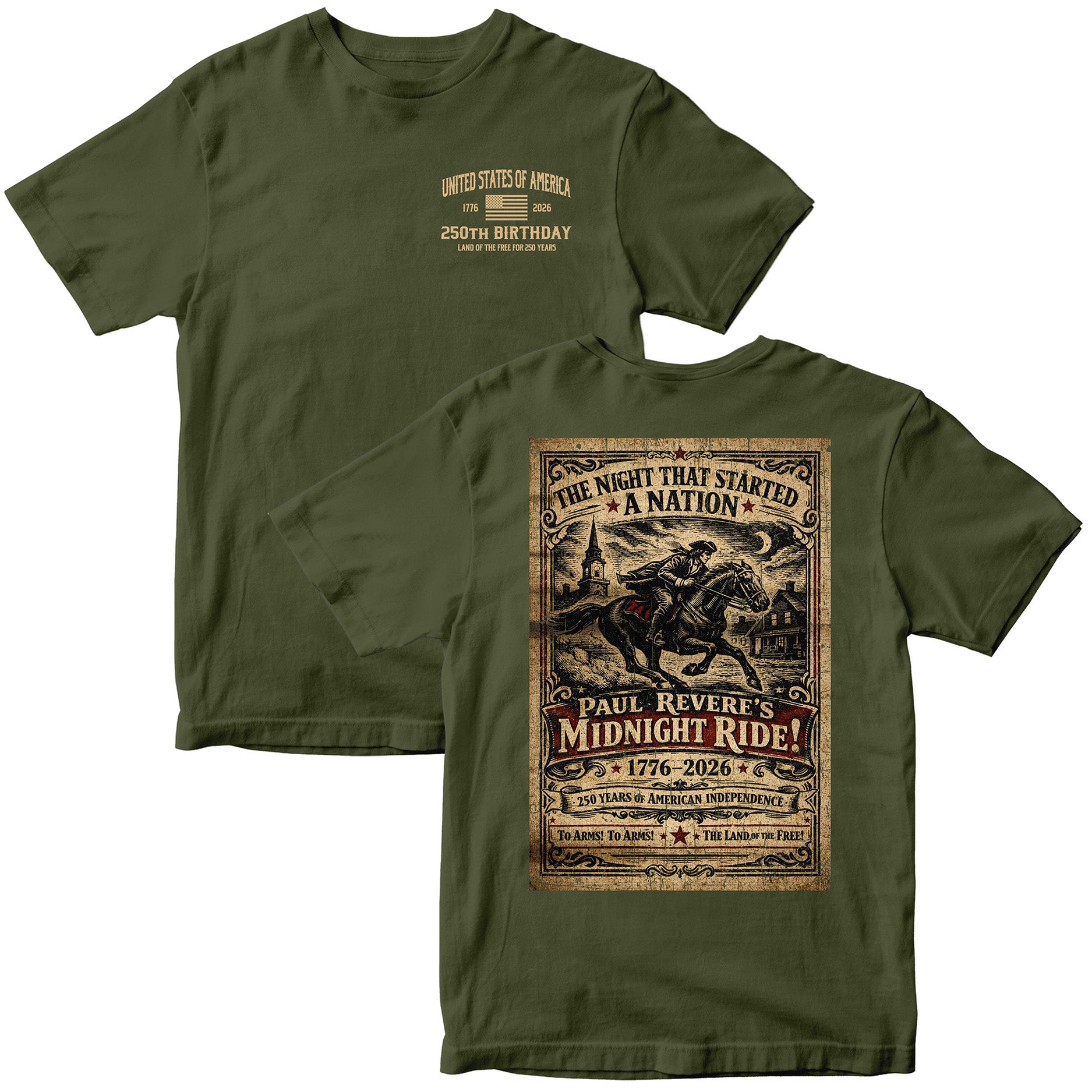 American independence T-shirt featuring Paul Revere’s Midnight Ride. America's 250th Birthday Tee. USA 250th Anniversary T-Shirt