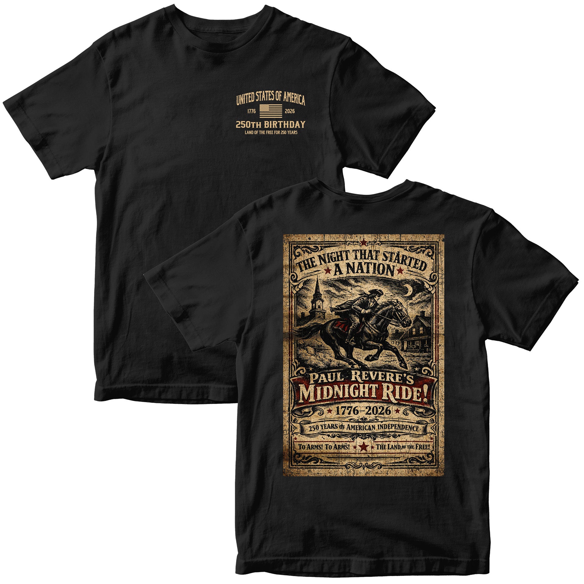 American independence T-shirt featuring Paul Revere’s Midnight Ride. America's 250th Birthday Tee. USA 250th Anniversary T-Shirt