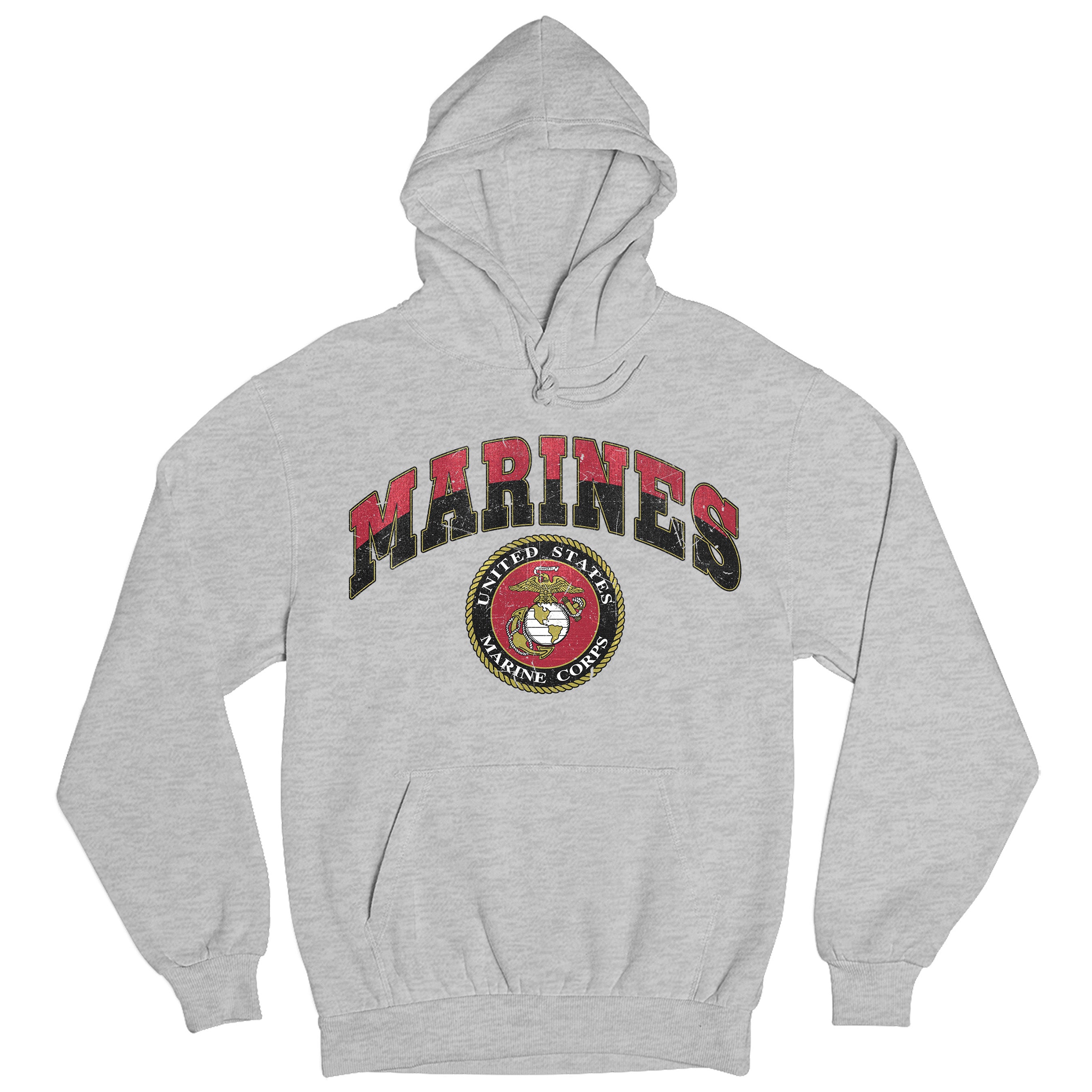 Gray USMC hoodie with vintage red and gold 'MARINES' text and full-color United States Marine Corps seal, patriotic military hoodie for Marines 
