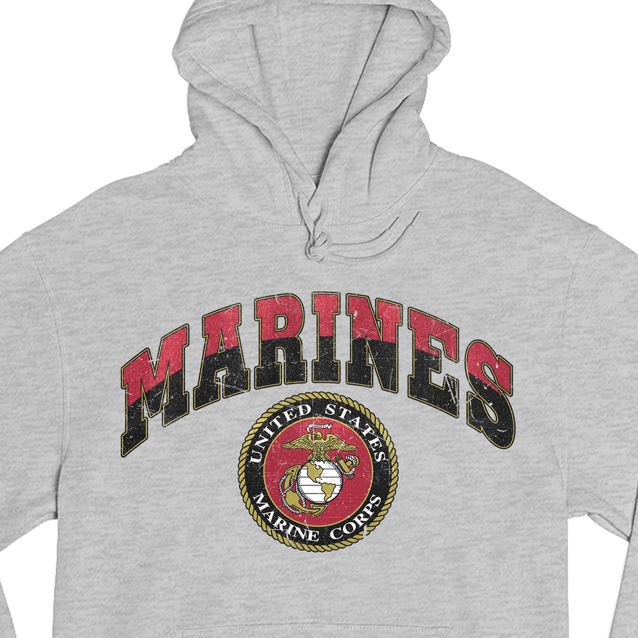 Gray USMC hoodie with vintage red and gold 'MARINES' text and full-color United States Marine Corps seal, patriotic military hoodie for Marines 