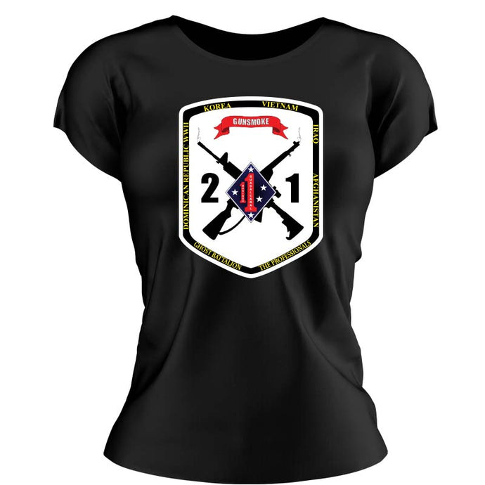 Second Battalion First Marines,  (2/1) Marines USMC Unit ladie's T-Shirt, 2/1 USMC Unit logo, USMC gift ideas for women, Marine Corp gifts for women 2nd Battalion 1st Marines