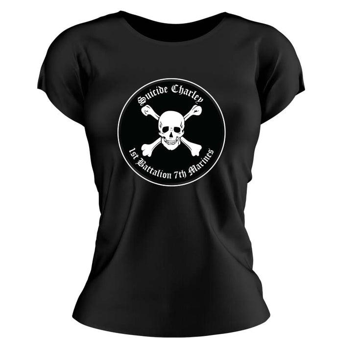 1st Bn 7th Marines Suicide Charley USMC Unit ladie's T-Shirt, 1st Bn 7th Marines Suicide Charley logo, USMC gift ideas for women, Marine Corp gifts for women 1/7 Suicide Charley 