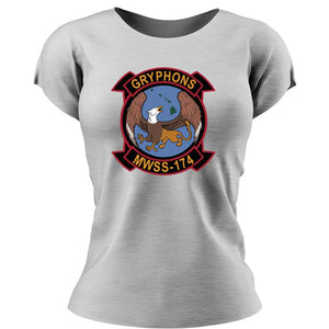 MWSS-174 USMC Unit ladie's T-Shirt, MWSS-174 logo, USMC gift ideas for women, Marine Corp gifts for women Marine Wing Support Squadron 174 Heather Grey