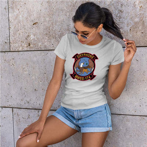 MWSS-174 USMC Unit ladie's T-Shirt, MWSS-174 logo, USMC gift ideas for women, Marine Corp gifts for women Marine Wing Support Squadron 174 Heather Grey