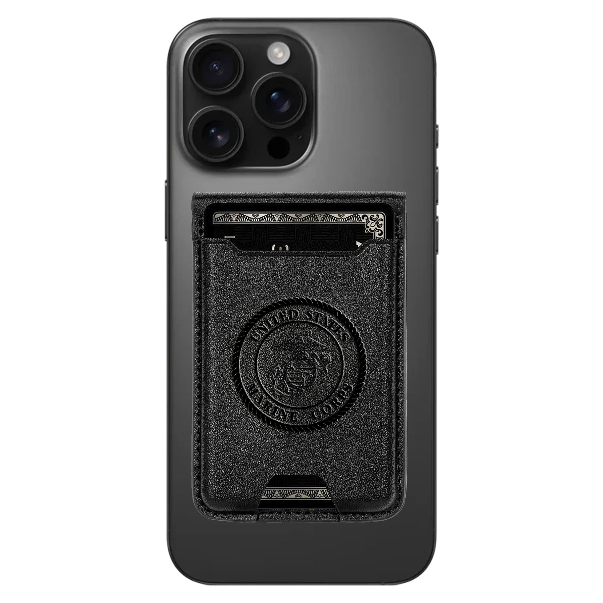 Phone case with a card holder featuring the U.S. Marine Corps logo on a white background