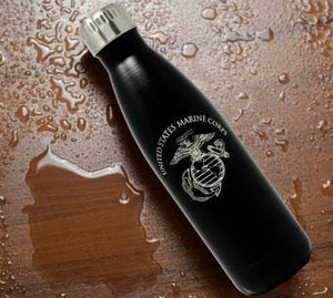17oz USMC Black Water Bottle on Table, Marine Corps Stainless Steel Water Bottle