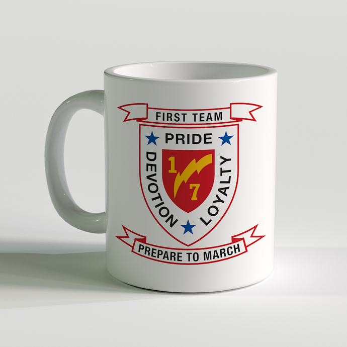 1st Battalion 7th Marines, USMC White Coffee Mug, Pride devotion loyalty, 1/7