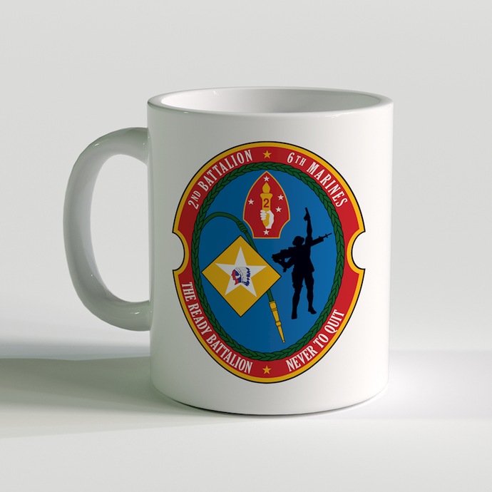 2/6 unit coffee mug, 2nd bn 6th marines, usmc coffee mug, the ready battalion, never to quit