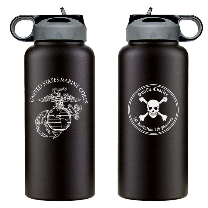 1st Battalion 7th Marines Suicide Charley USMC Unit logo water bottle, First Battalion Seventh Marines Suicide Charley Unit Logo hydroflask, 1/7 Suicide Charley USMC, Marine Corp gift ideas, USMC Gifts for women 32 Oz Water bottle