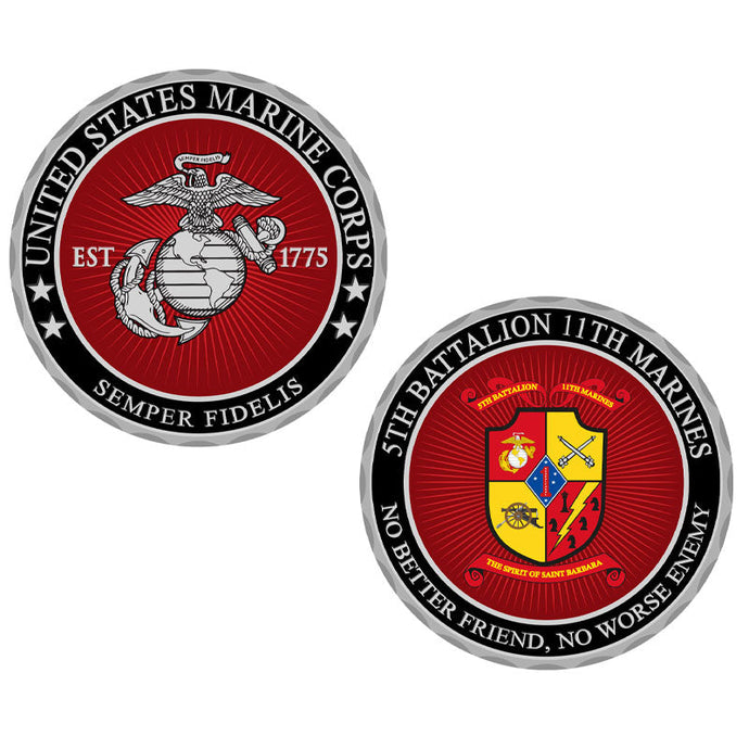 5th Battalion 11th Marines Unit Coin, USMC 5/11 Unit Coin, Fifth Battalion Eleventh Marines Unit Coin, 5thBn 11th Marines Unit Coin