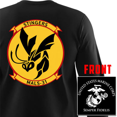 MALS-31 USMC long sleeve Unit T-Shirt, MALS-31, USMC gift ideas for men, USMC unit gear, MALS-31 logo, Marine Aviation Logistics Squadron 31 logo, Marine Corp gifts men or women 