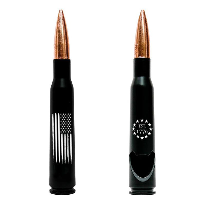 .50 Caliber Real Bullet Bottle Opener With The American Flag And Black Matte Casing