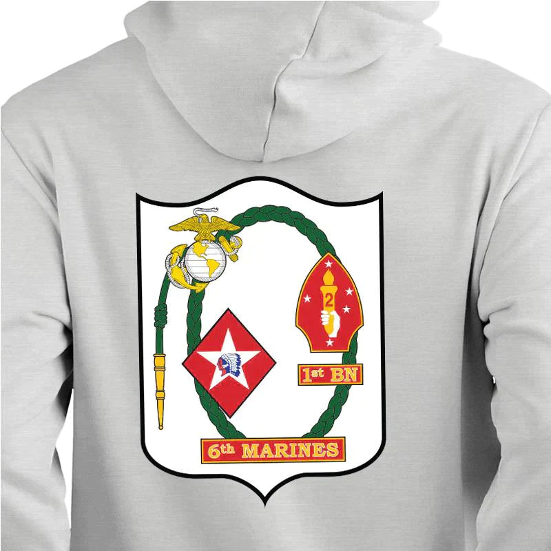 1st Bn 6th Marines USMC Unit hoodie, 1st Battalion 6th Marines logo sweatshirt, USMC gift ideas for men, Marine Corp gifts men or women gray