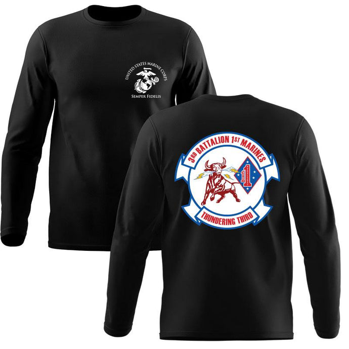3rd Battalion 1st Marines USMC long sleeve Unit T-Shirt, 3/1 USMC Unit Logo Black ling Sleeve T-Shirt,  Third Battalion First Marines logo, USMC gift ideas for men or women, Marine Corp gifts men or women 3dBn 1st Marines