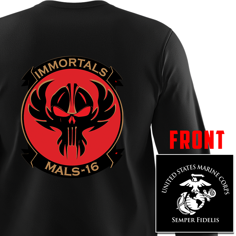 Marine Aviation Logistics Squadron 16 (MALS-16) Long Sleeve T-Shirt, MALS-16 unit t-shirt, USMC MALS-16, MALS-16 t-shirt, Marine Aviation Logistics squadron 16 Long Sleeve Black T-Shirt