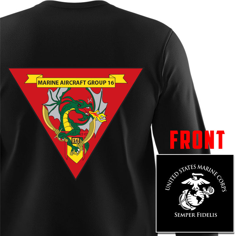 Marine Aircraft Group 16 USMC long sleeve Unit T-Shirt, MAG-16 USMC Unit logo, USMC gift ideas for men, Marine Corp gifts men or women MAG-16, MAG-16 Black Long Sleeve T-Shirt