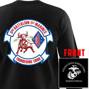 3rd Battalion 1st Marines USMC long sleeve Unit T-Shirt, 3/1 USMC Unit Logo Black ling Sleeve T-Shirt,  Third Battalion First Marines logo, USMC gift ideas for men or women, Marine Corp gifts men or women 3dBn 1st Marines