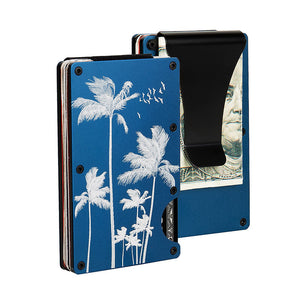 Blue Palm Tree Engraved RFID Blocking Metal Wallet