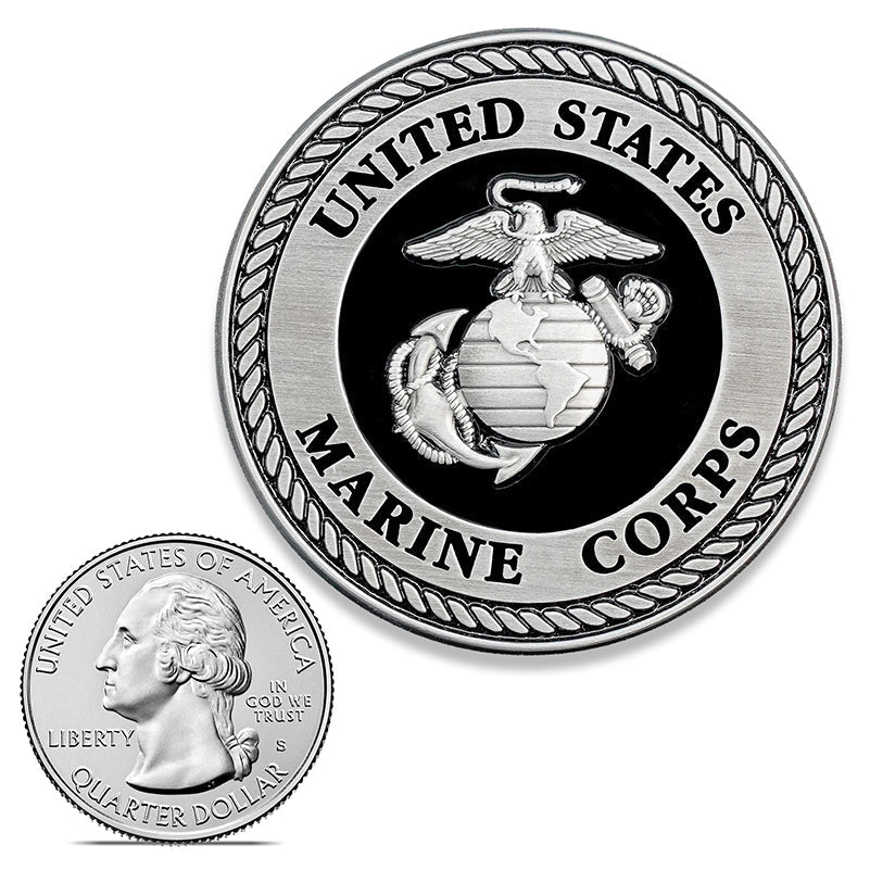 Black and Silver 3D Marine Corps EGA Emblem Two Inch Medallion Size Comparison
