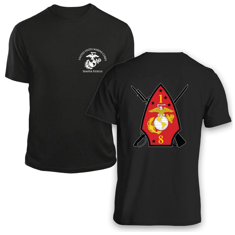1st Bn 8th Marines USMC Unit T-Shirt, 1st Bn 8th Marines logo, 1/8 USMC Unit Logo, USMC gift ideas for men, Marine Corp gifts men or women 1st Bn 8th Marines