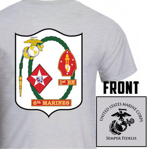 1st Bn 6th Marines USMC Unit T-Shirt, 1st Bn 6th Marines logo, USMC gift ideas for men, Marine Corp gifts men or women gray