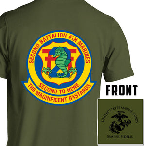 2nd Bn 4th Marines Unit Logo OD Green Short Sleeve  T-Shirt