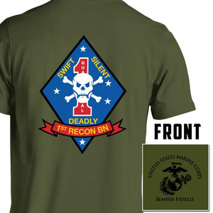 1st Recon Bn USMC Unit T-Shirt, 1st Recon Bn logo, USMC gift ideas for men, Marine Corp gifts men or women 1st Recon Bn 1st Reconnaissance Bn green pt shirt